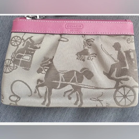 Coach Wristlet Pink Leather Beige Embroidered Horse Purse Wallet Bag - Picture 2 of 5